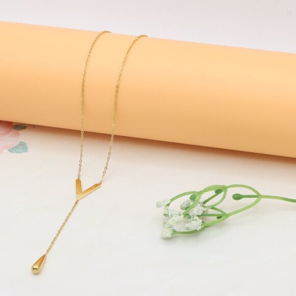 Golden Y-Shape Necklace with Drop Charm Adjustable Chain, XPNL0373 - Picture 2 of 12